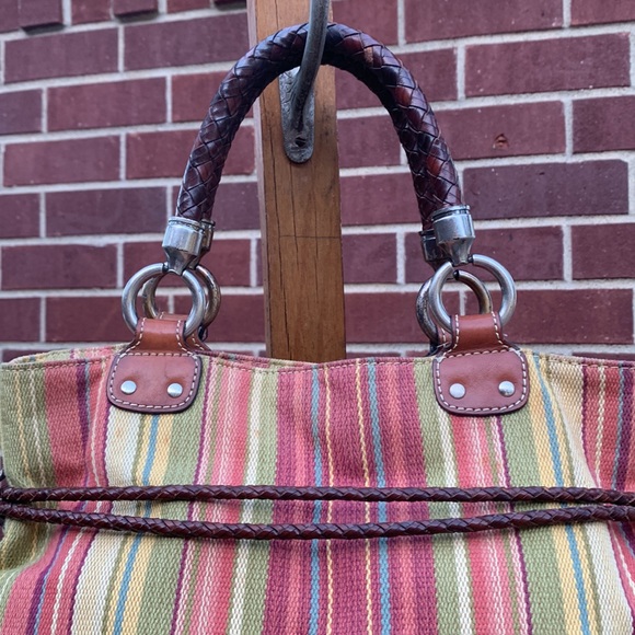 Gently Used Fossil - Colorful Striped Cloth Handbag with Braided Leather Handles - Picture 10 of 16